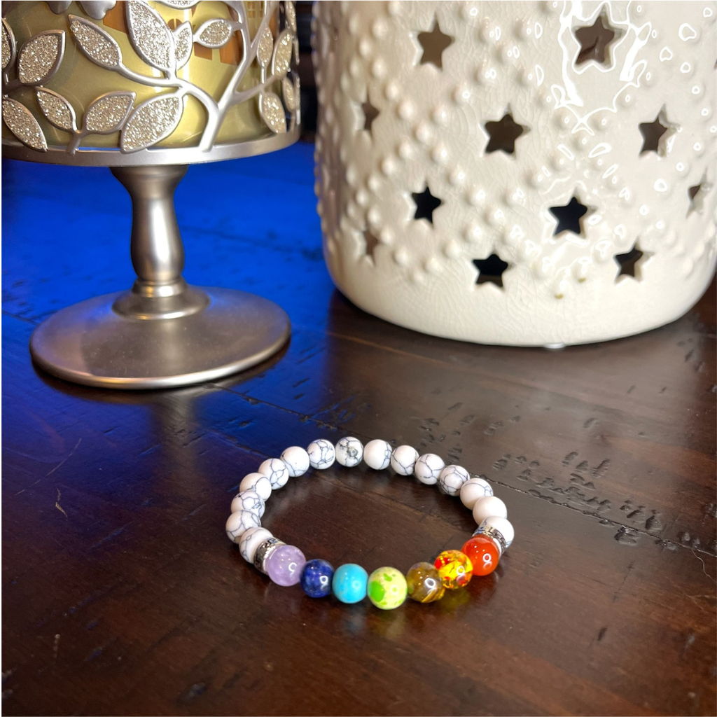 Option #12- 7Chakra Beads-White Turquoise Beads-Stretchy Bracelet