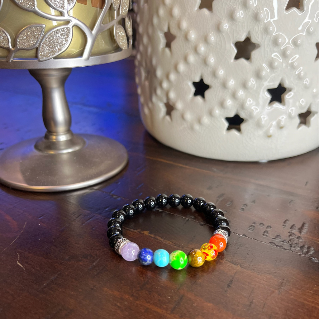 Option #2- 7 Chakra Beads-Black Shiny Hematite-Stretchy Bracelet