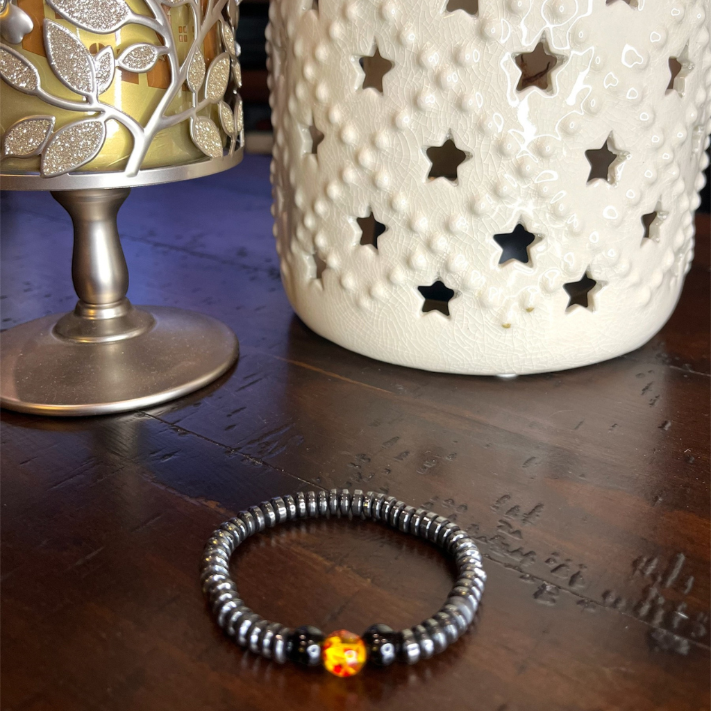 Option #3-Black Hematite Beads-Features Yellow Agate Bead-Stretchy Bracelet