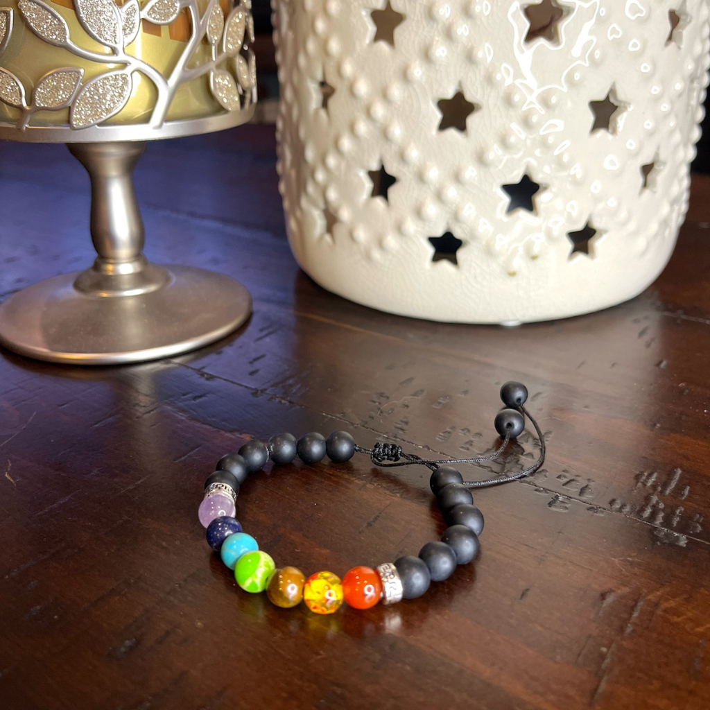 Option #7-7 Chakra Beads-Black Clay Beads- Adjustable Cord Bracelet