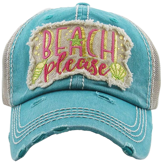 "Beach Please" Vintage Patch Ladies Hat with Embroidery.  One Size Fits Most, Velcro Adjustable Strap. Distressed Look. Color: Teal