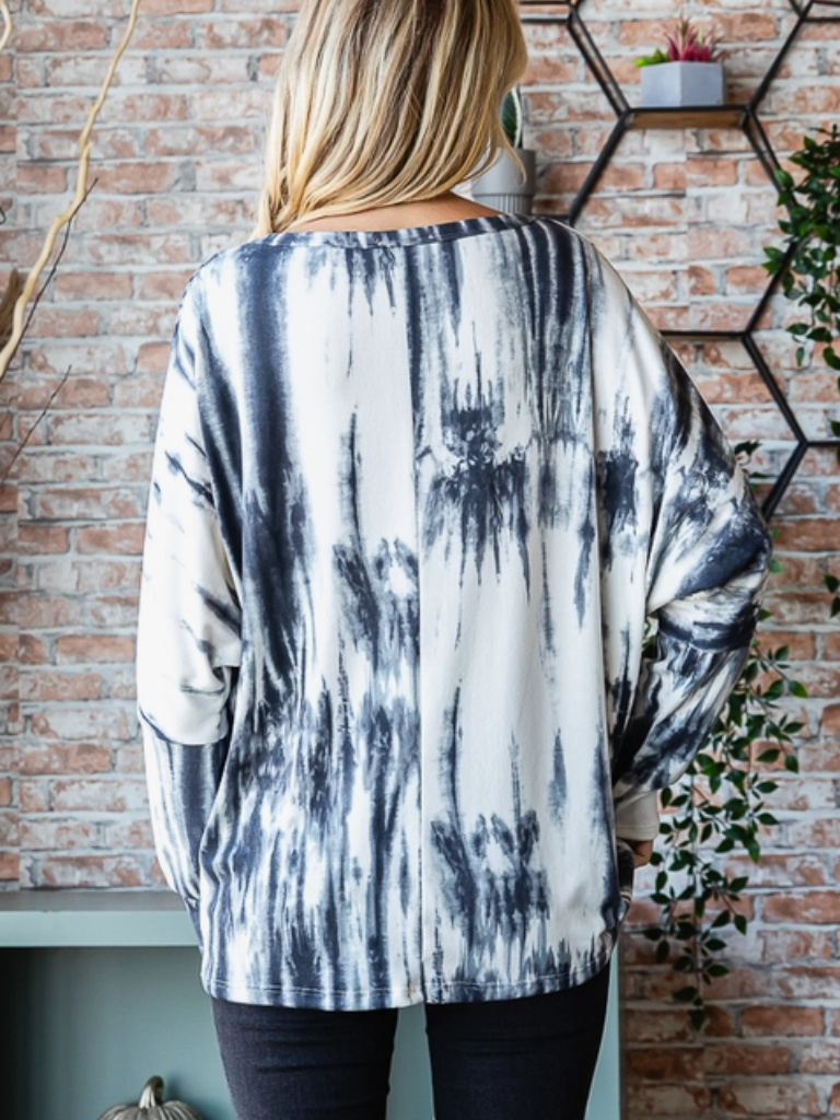 Ladies Long Sleeve, Black and White Tie Dye, V-neck, Relaxed Fit Tee. Shown Untucked Back View