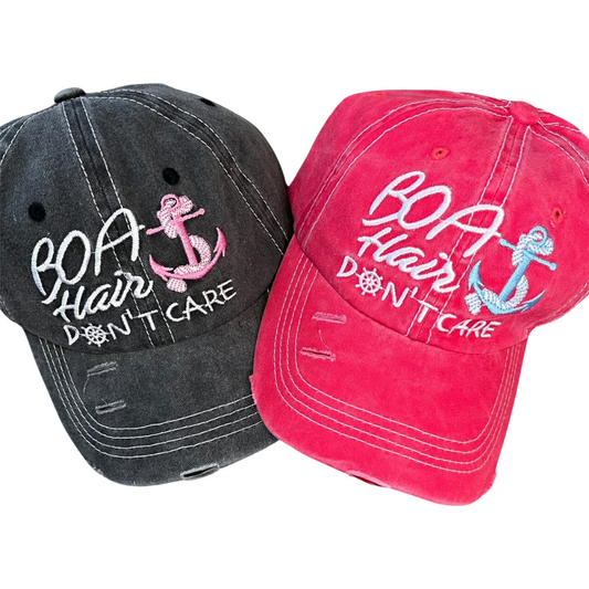 "Boat Hair Don't Care" Distressed, Embroidered, Ladies Dad Hat with Anchor Detail. front View. Color: Red or Black