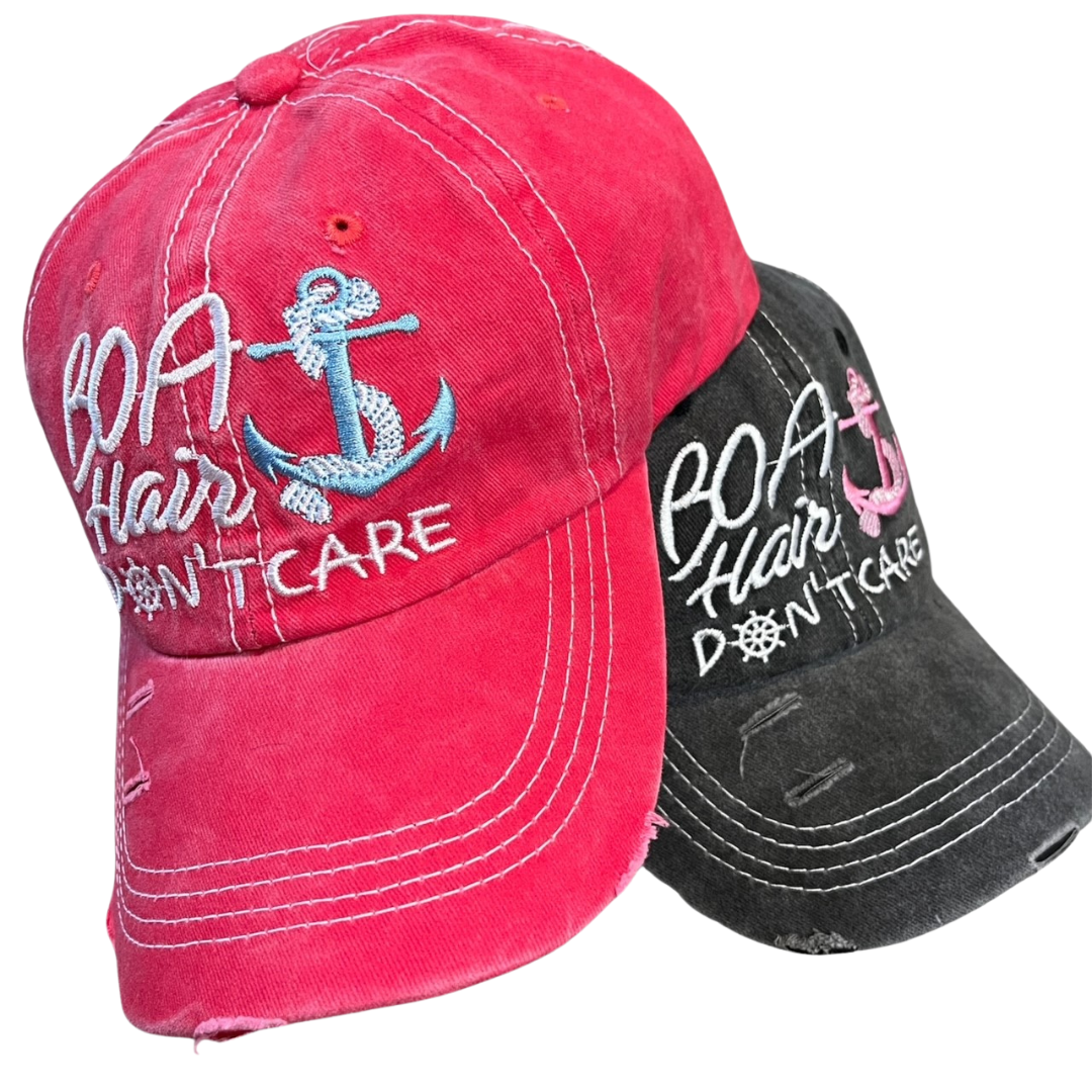 "Boat Hair Don't Care" Distressed, Embroidered, Ladies Dad Hat with Anchor Detail. Partial Side View. Color: Red or Black