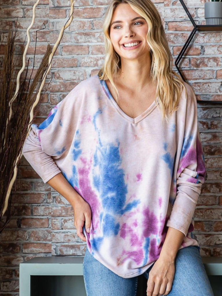 Ladies Long Sleeve, Blue and Plum Tie Dye, V-neck, Relaxed Fit Tee. Shown Untucked.  Front View