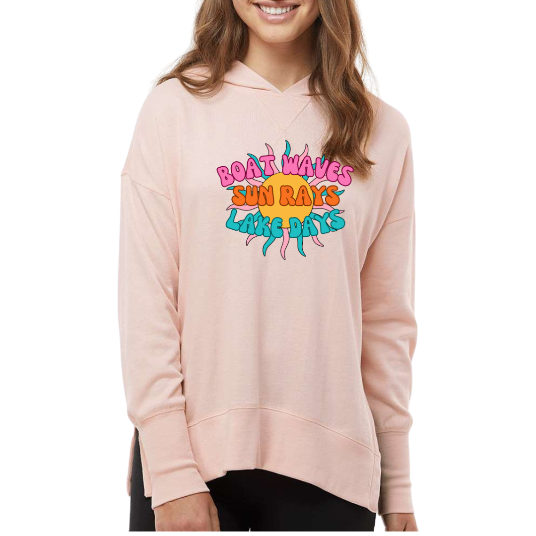 "Boat Waves, Sun Rays, Lake Days" -Ladies Long Sleeve French Terry Hoodie. Front View