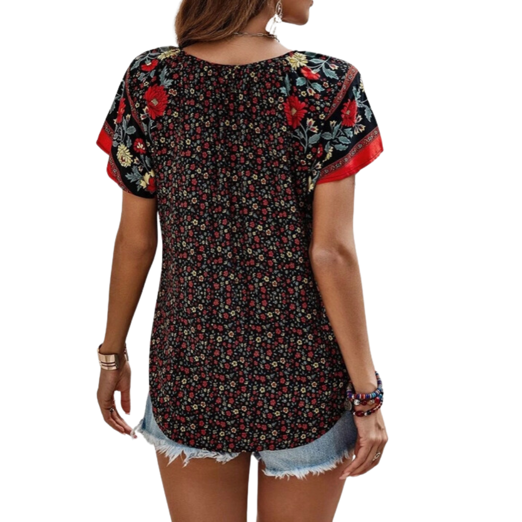 Boho Print, Split V-neck, Flare Sleeves Ladies Blouse. Back View