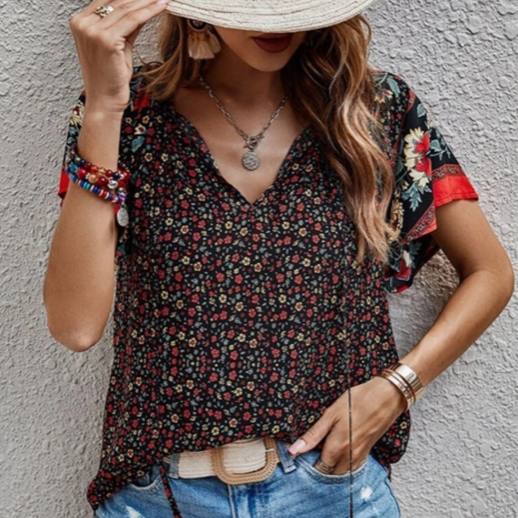 Boho Print, Split V-neck, Flare Sleeves Ladies Blouse. Front View with Hat