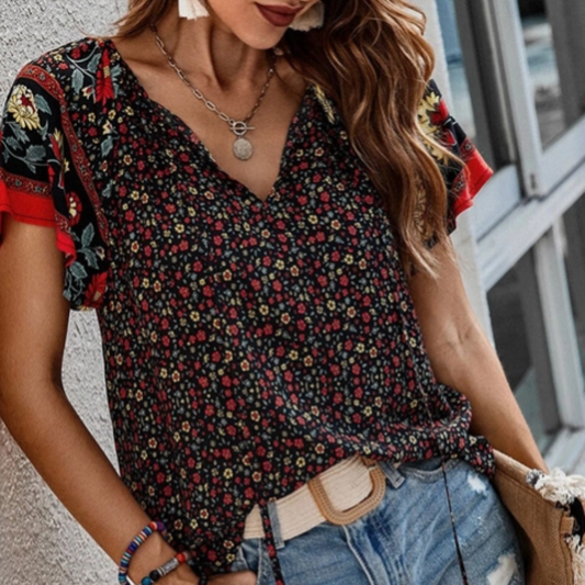 Boho Print, Split V-neck, Flare Sleeves Ladies Blouse. Front View