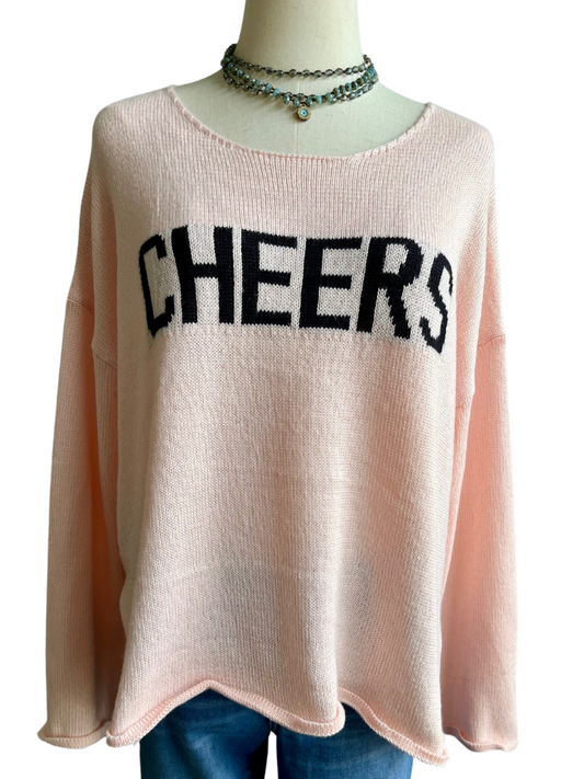 Cheers Ladies Sweater Front View with  Sand and Sky Necklace and Sea Green and Grey Long Necklace