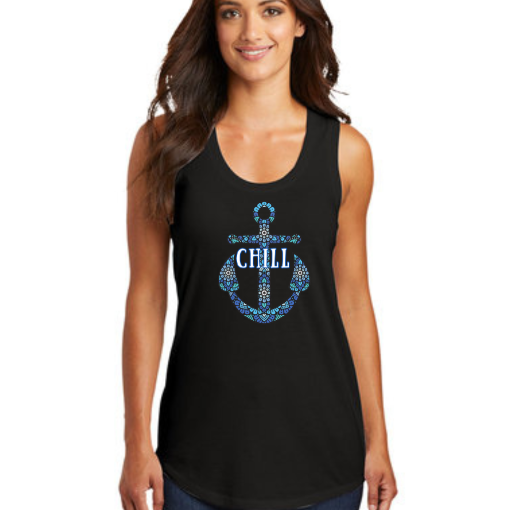 "Chill" - Ladies Tri-blend Racerback Tank with Anchor Detail Front View