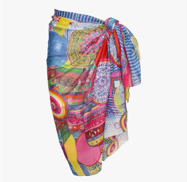 Multi colored sarong, shown as a skirt and tied on the side