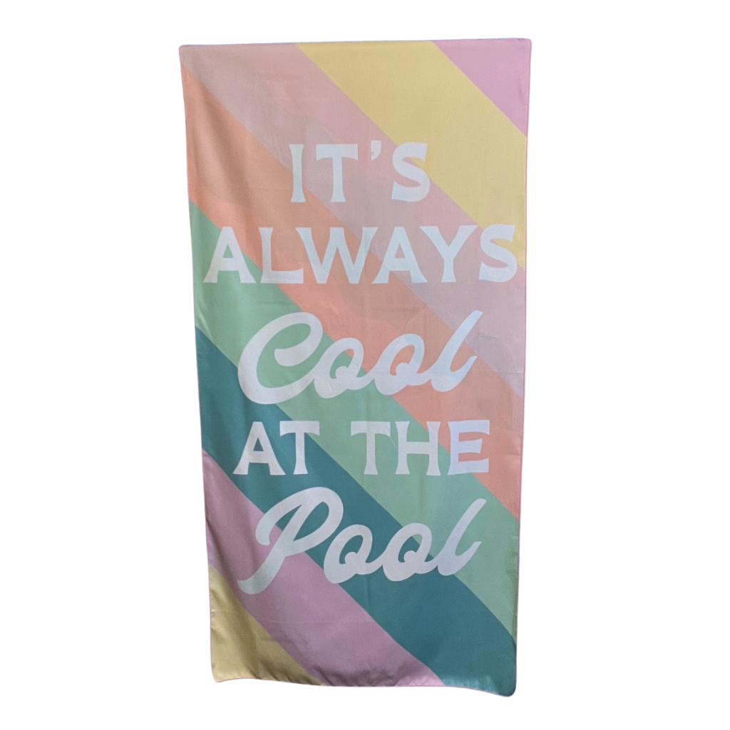 "It's Always Cool at the Pool" - Double-sided ,Quick Dry, Microfiber Beach Towel. Front View.