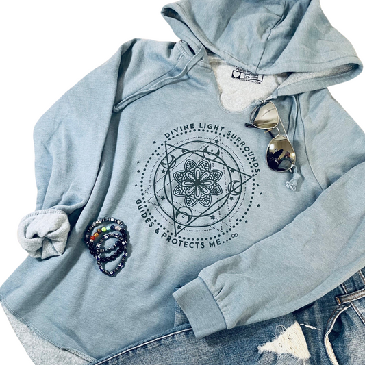 "Divine Light Surrounds, Guides, & Protects Me" - V-Notch Fleece Hoodie. Shown with Jeans and Chackra Bracelets