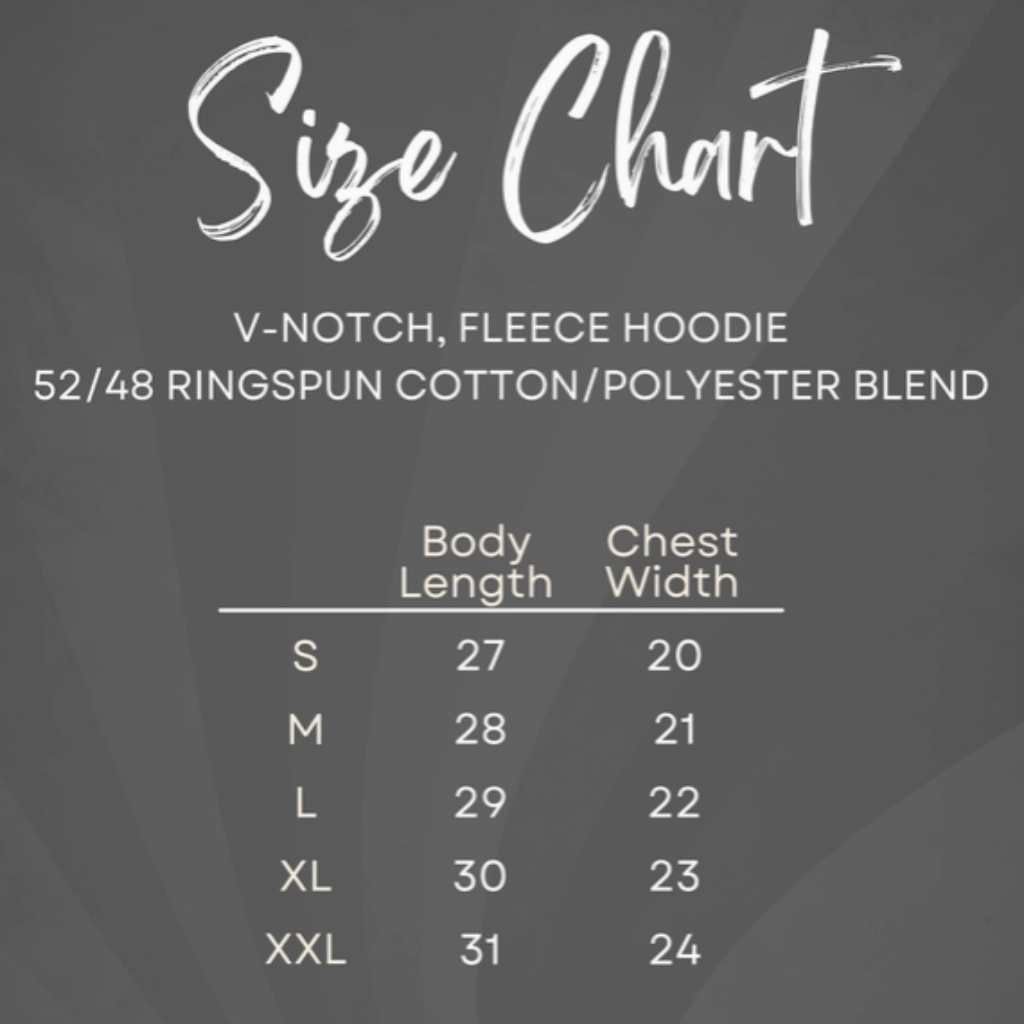 "Divine Light Surrounds, Guides, & Protects Me" - V-Notch Fleece Hoodie. Size Chart.