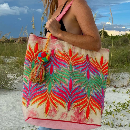 Boho Feather Tie Dye Beach Bag - Beaded Detail