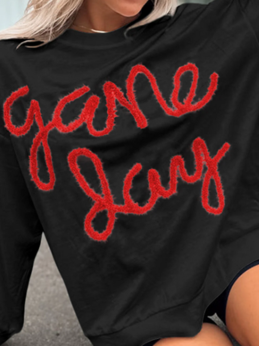 Black "Game Day" Oversized, Drop Shoulder Ladies Sweatshirt, Front View Close Up