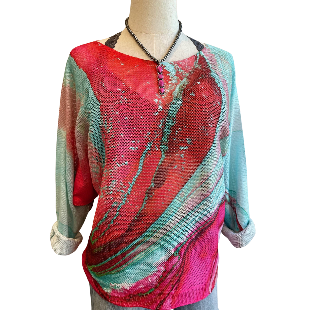 NEW!  Tie Dye Fuchsia and Aqua Round Neck, Loose Knit Ladies Sweater