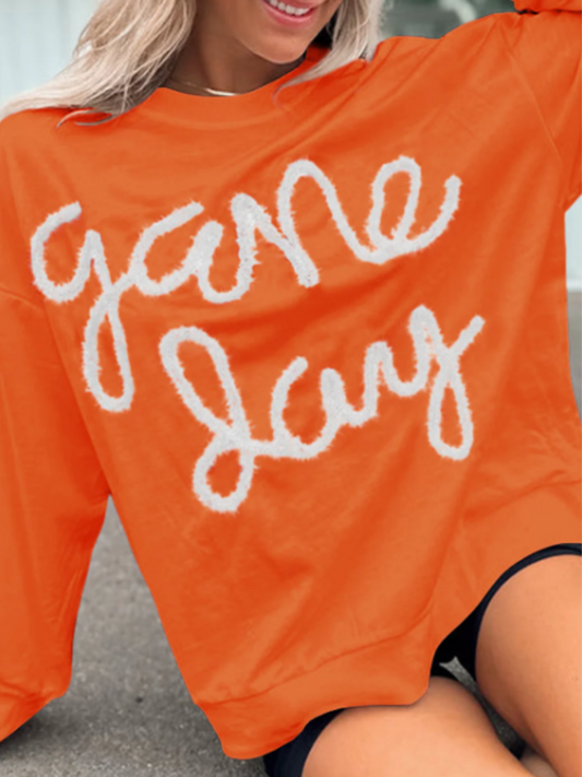 Orange "Game Day" Oversized, Drop Shoulder Ladies Sweatshirt, Front View Close Up