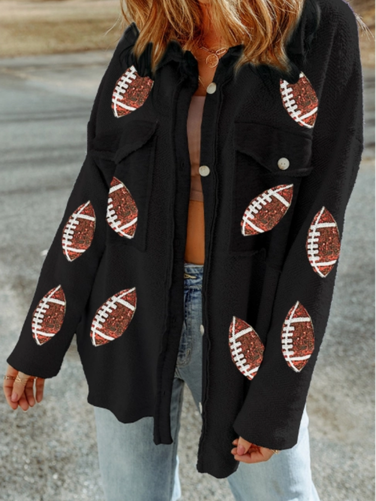 Sequined Football Ladies Oversized Shacket with Patch Pockets Front, On Model