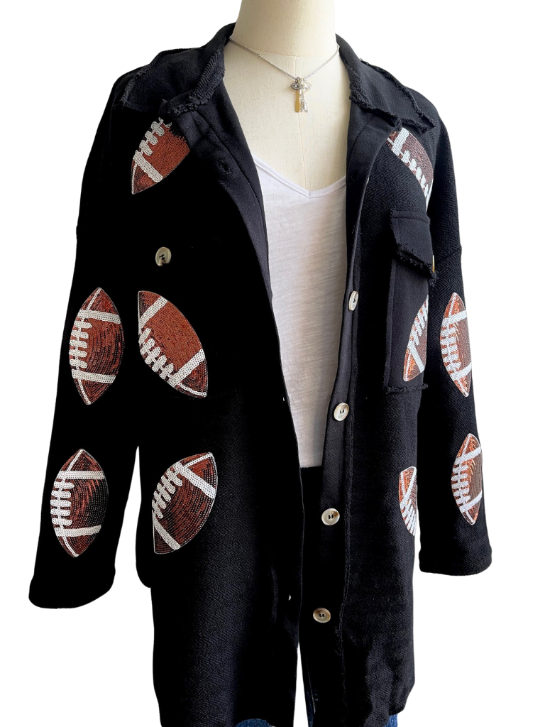 Sequined Football Ladies Oversized Shacket with Patch Pockets Front, On Dress Form