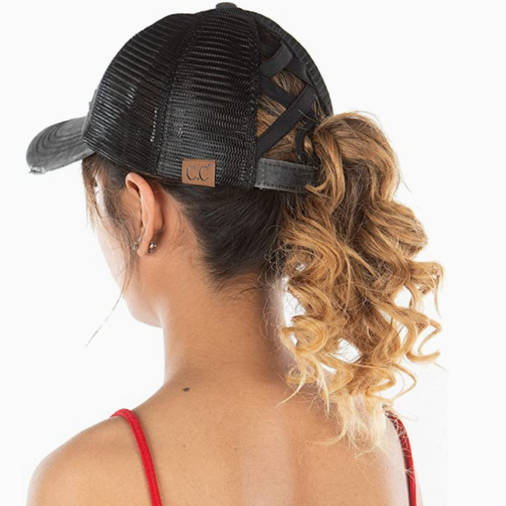 American Flag Ponytail Ladies Hat with Criss Cross Back. Side and Back View Image