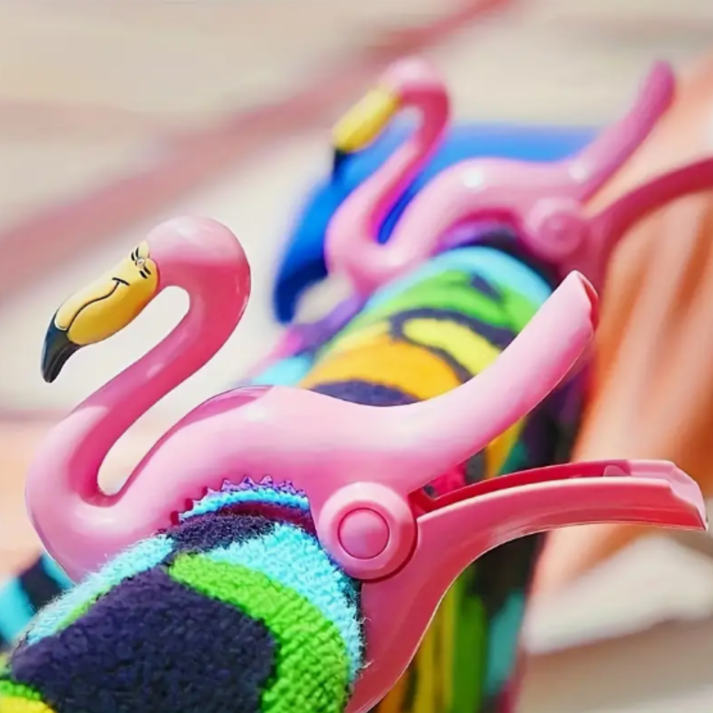 Flamingos Beach Towel Clips Close Up on Towels