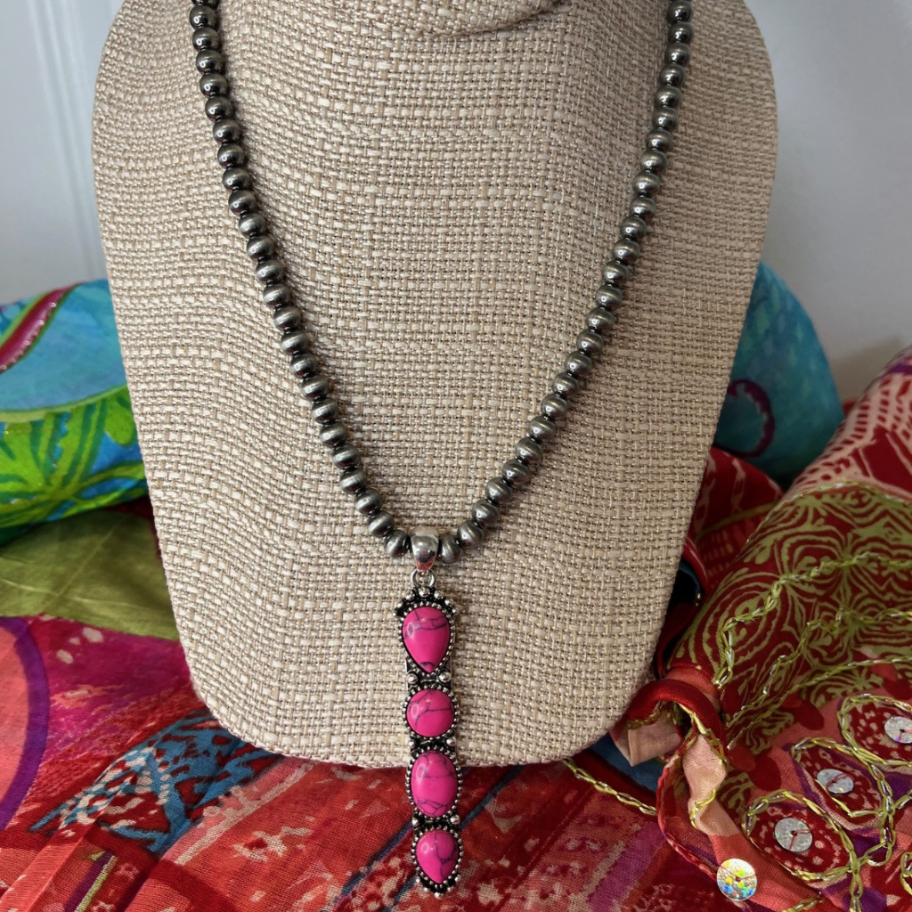 Navajo Boho Style Pendant Necklace - Fuchsia Stones with Burnished Silver Beads. 