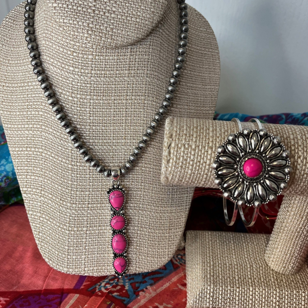 Navajo Boho Style Pendant Necklace - Fuchsia Stones with Burnished Silver Beads. Shown with matching Western Concho Bracelet, also with a fuchsia stone.