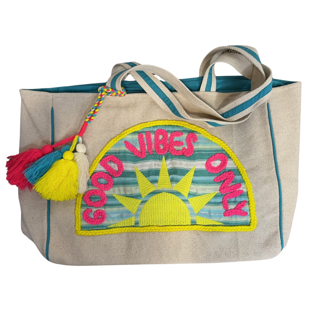 "Good Vibes Only" - Sunshine Patch Beach Tote Bag.  Laying Flat.