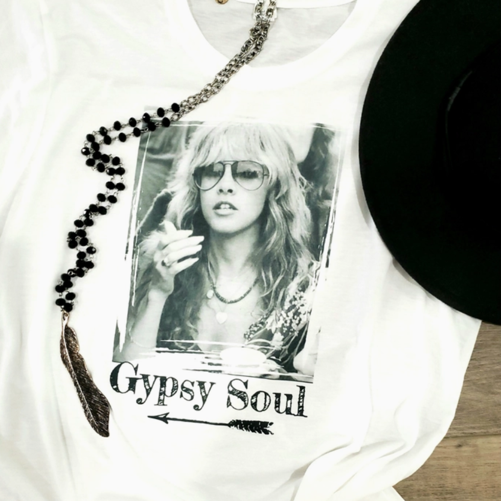 "Gypsy Soul Stevie" - Crew Neck Graphic Tee, Close Up without Jacket. Black Hat on Side