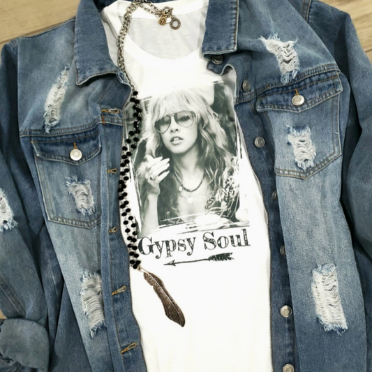 "Gypsy Soul Stevie" - Crew Neck Graphic Tee, Close Up with Jacket