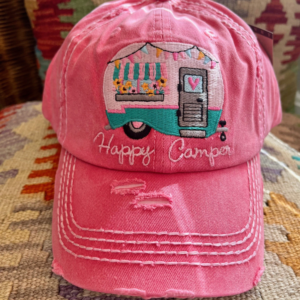 "Happy Camper" - - Vintage Look Embroidered, Low Profile Ladies Hat Front View