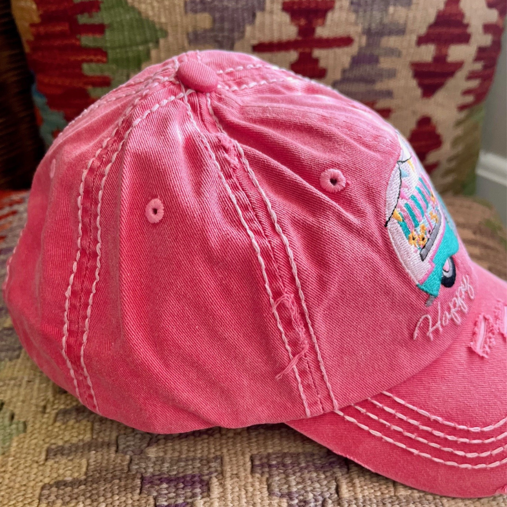 "Happy Camper" - - Vintage Look Embroidered, Low Profile Ladies Hat Side View