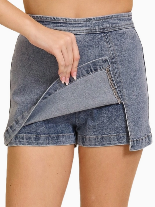 High Waisted Stretchy Denim Skort Close Up Front View