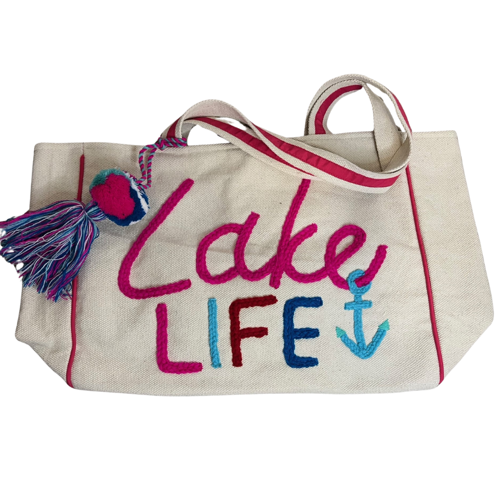 "Lake Life" - Yarn Embroidered, Beach Tote Bag with Tassels. Laying Flat.