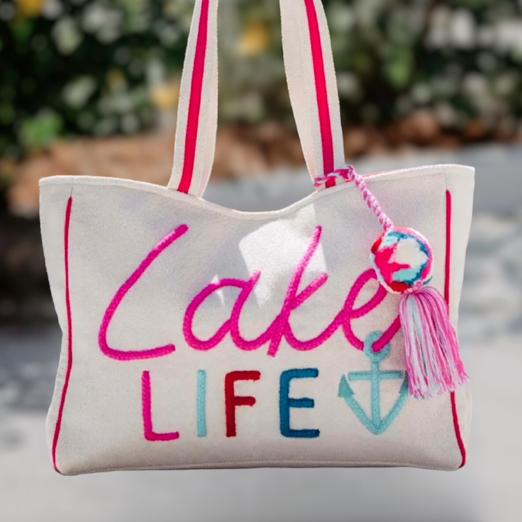 "Lake Life" - Yarn Embroidered, Beach Tote Bag with Tassels