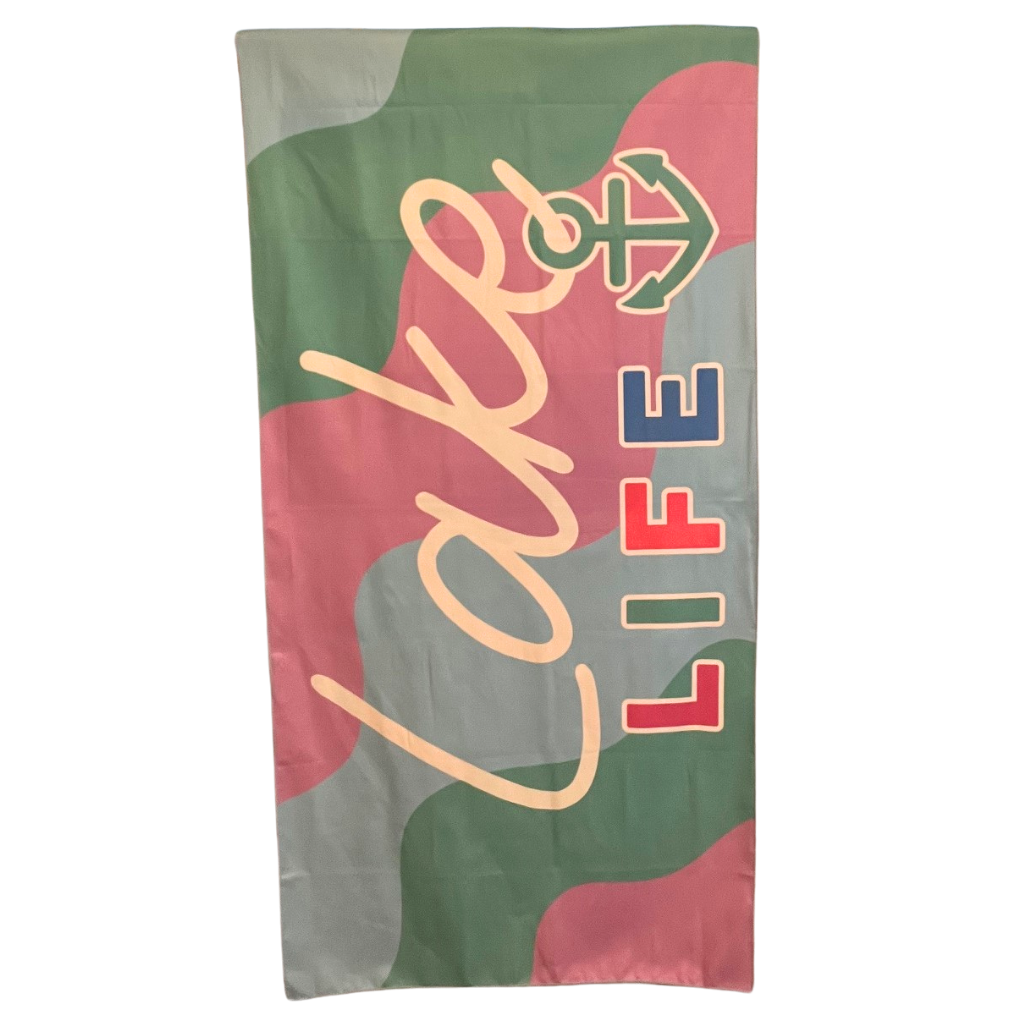 "Lake Life" - Double-sided , Quick Dry, Microfiber Beach Towel.  Front View.