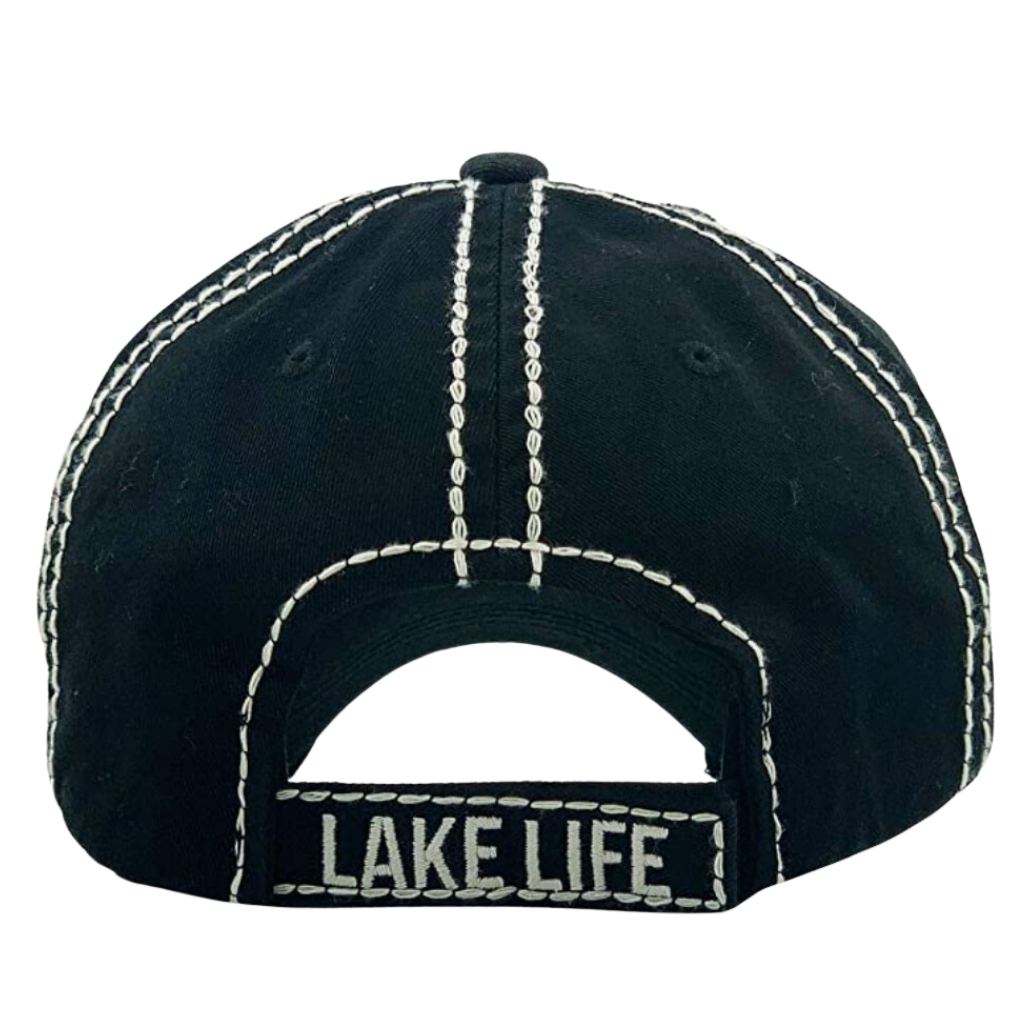 " Lake Life" - Embroidered, Rhinestone Detail, Ladies Low Profile Hat. Close Up Back View.