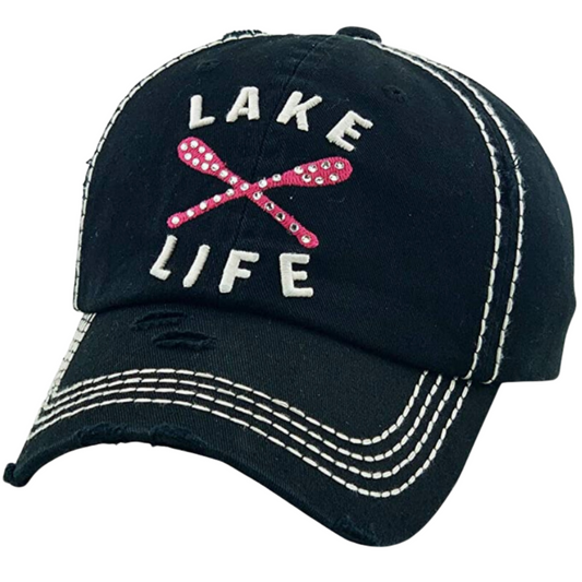 " Lake Life" - Embroidered, Rhinestone Detail, Ladies Low Profile Hat. Close Up Front View.