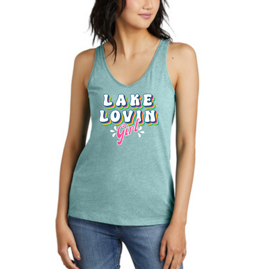 "Lake Lovin' Girl" - Ladies V-neck Front, Scoop Back Tank with Bright Retro Design Front View