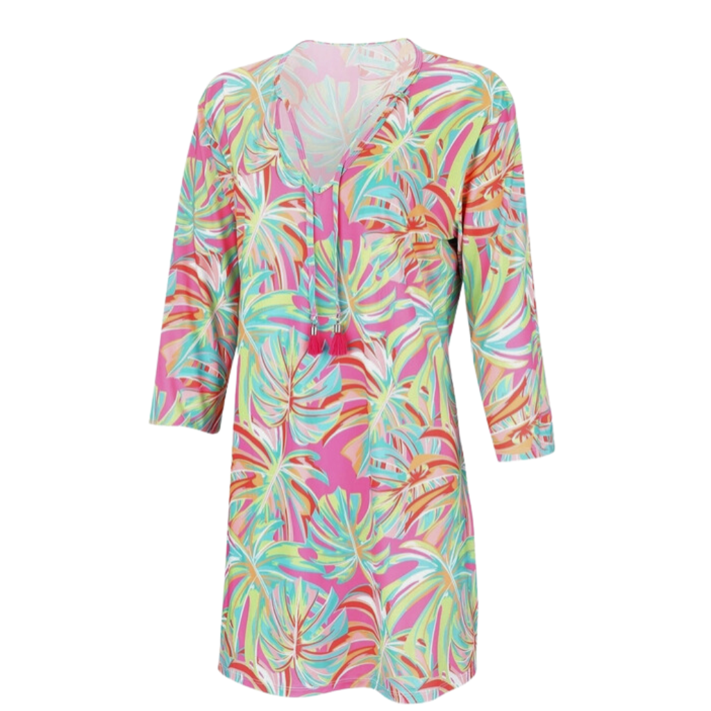 "Let's Get Tropical" - Ladies Swimsuit Cover-Up and Tunic Dress.  3/4 Sleeves and Decorative Tassles