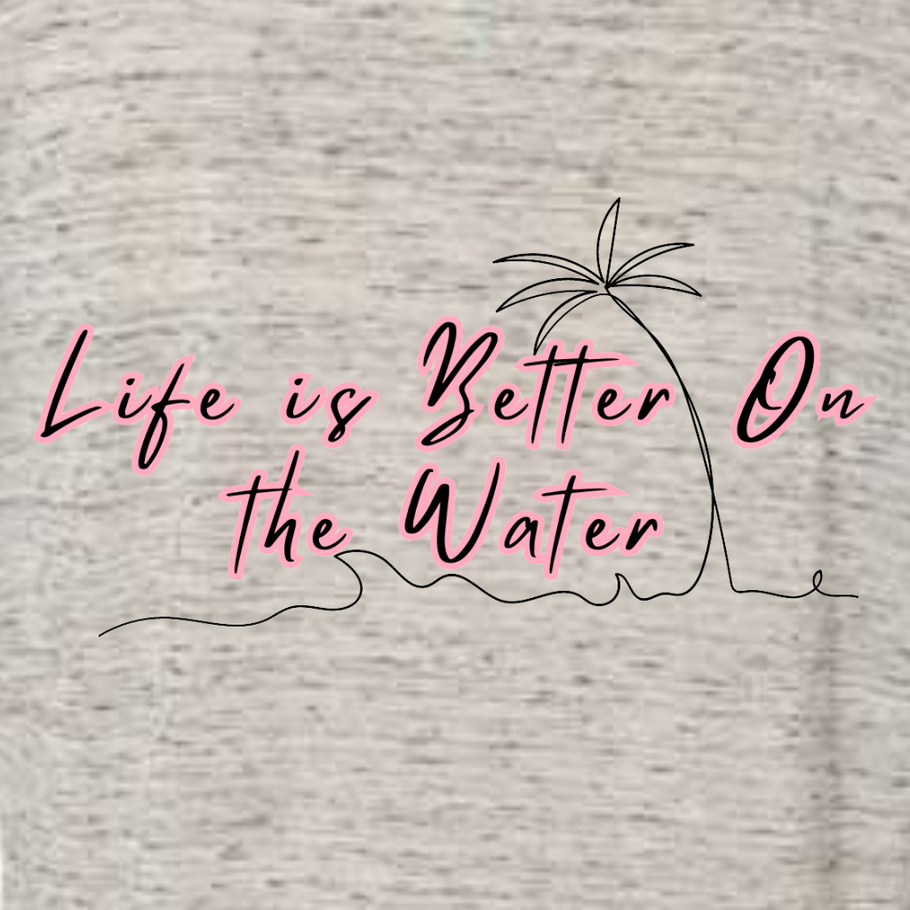 "LIfe is Better on the Water" - Ladies Oversized, Flowy, Off the Shoulder Tee Close Up View