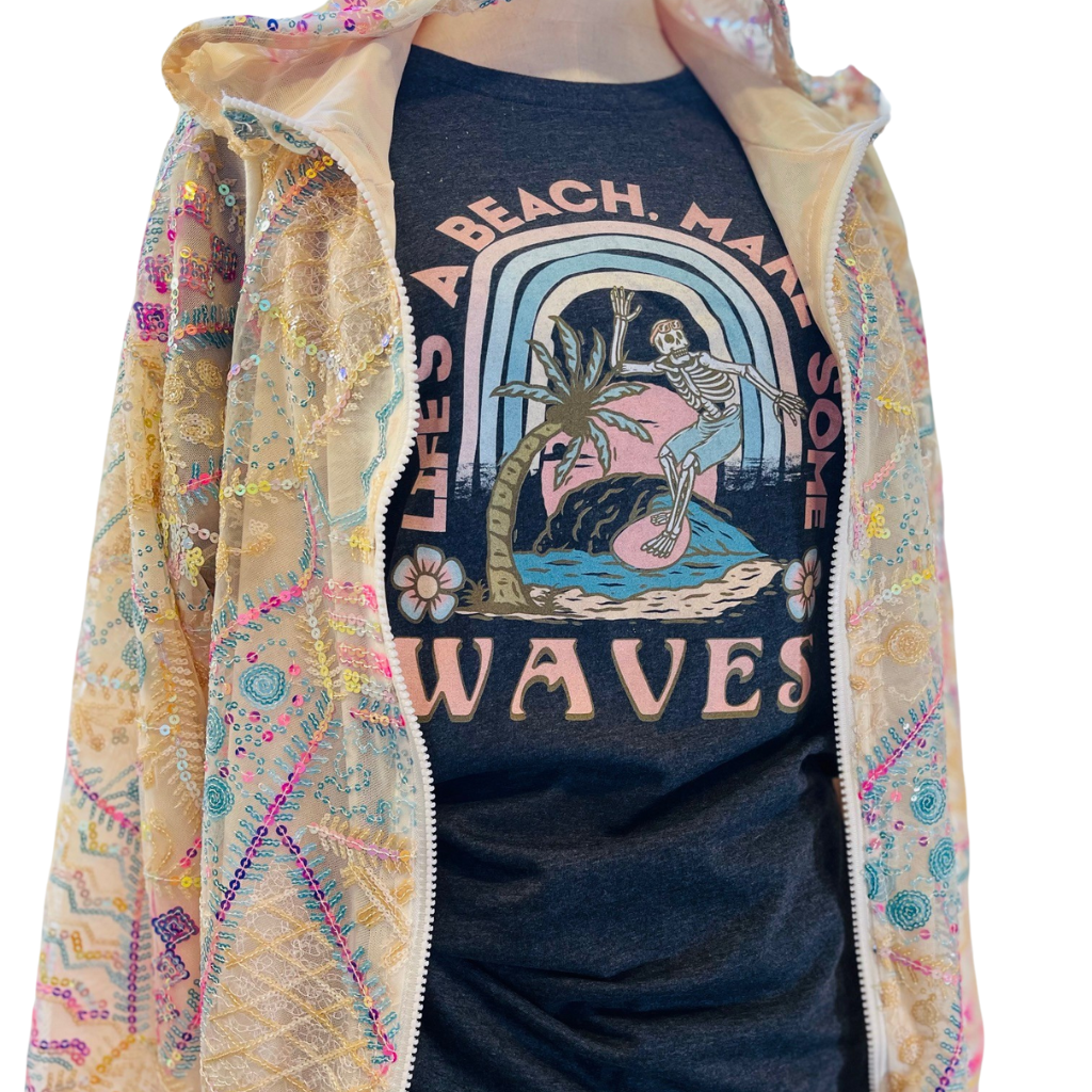 Life's a Beach Make Some Waves Crew Neck Tee, shown in Beaded Sequined Hoodie