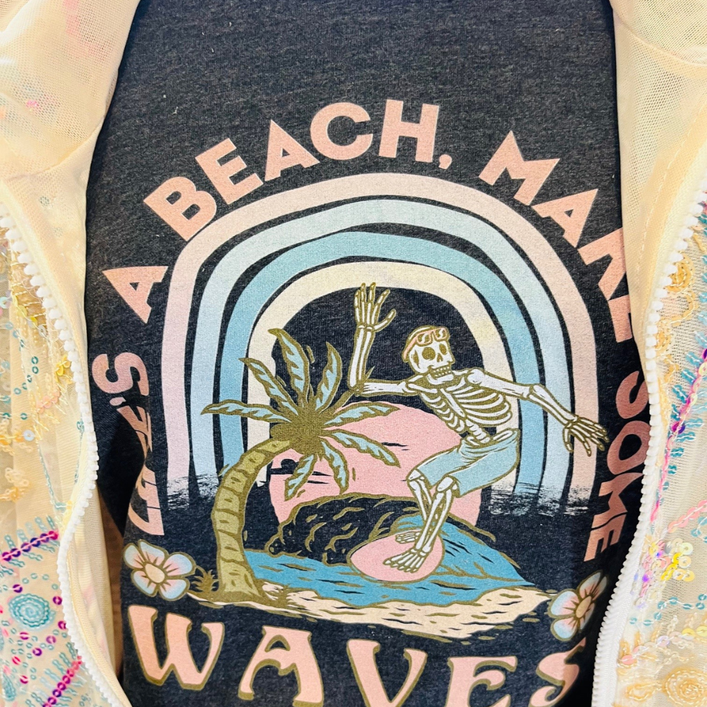 LIfe's a Beach Make Some Waves Crew Neck Tee Close Up View