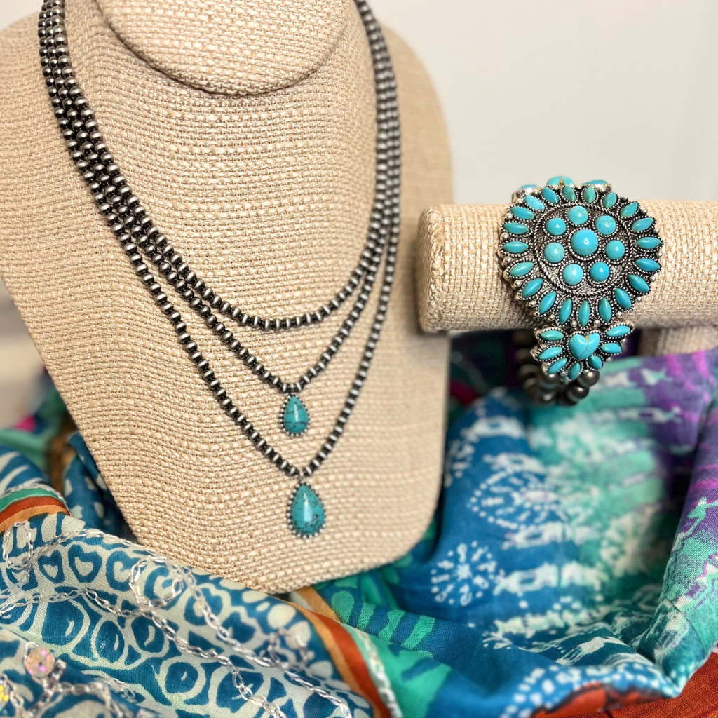 Western Boho Style Stretch Bracelet and Multi Layered Necklace- Turquoise Stones with Burnished Silver Beads