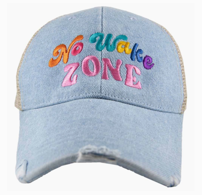 "No Wake Zone" - Embroidered, Distressed Denim, Ladies Trucker Hat. Close Up Front View