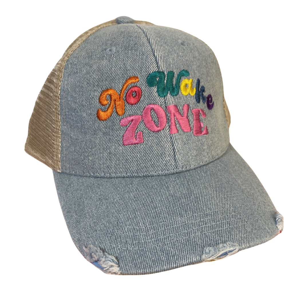 "No Wake Zone" - Embroidered, Distressed Denim, Ladies Trucker Hat. White Background