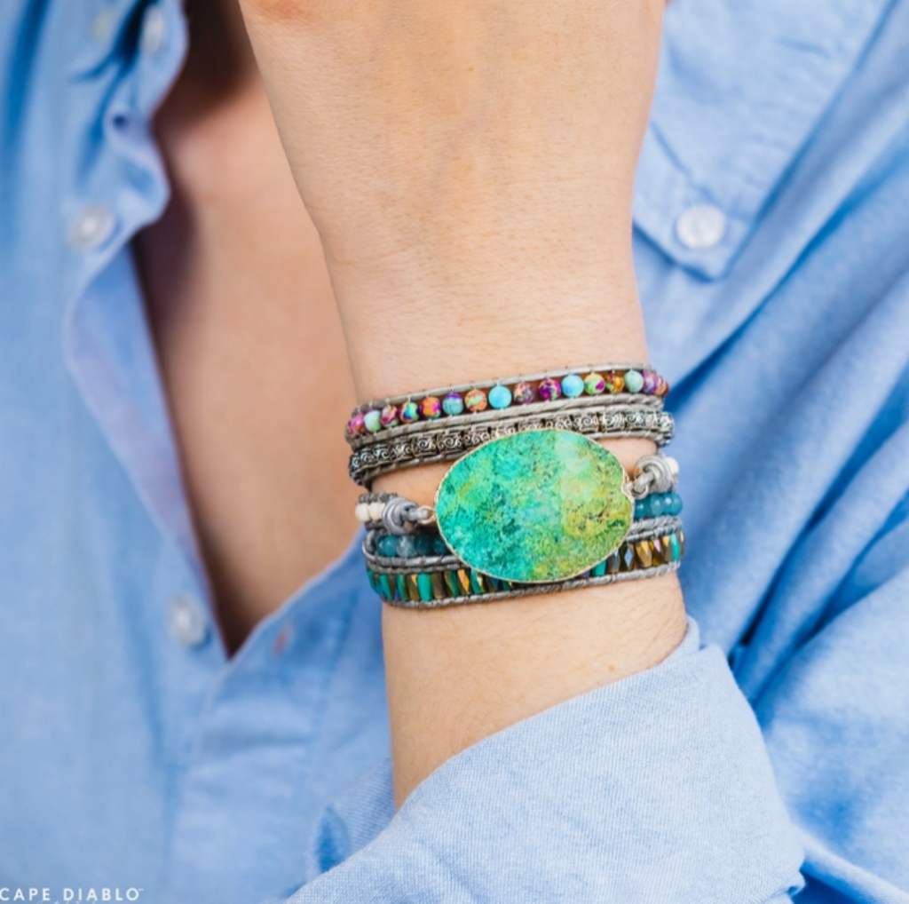 Ocean Jasper Protection Boho Wrap Bracelet, on Model's Wrist