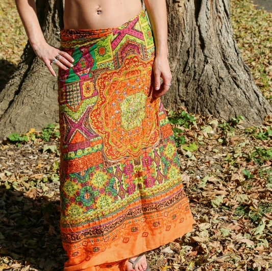 Orange Metallic Beach Wrap - Cotton, Boho Sarong. Shown as a skirt. Sequin Details